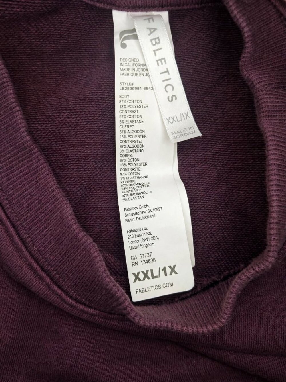 Fabletics Cozy Fleece Crew Neck Sweatshirt Deep Plum Oxblood XXL 1X - Picture 3 of 6